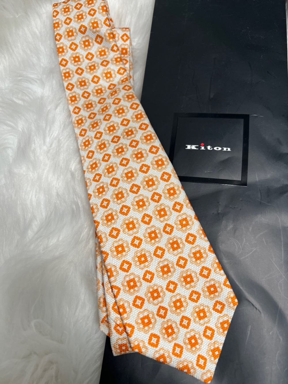 Kiton Orange & Cream Geometric Pattern Luxury Italian Designer  Silk Tie